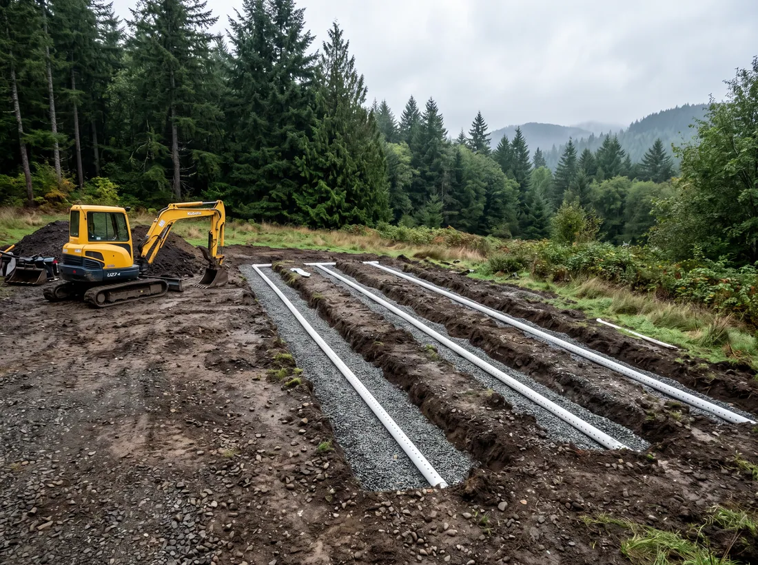 New septic drain field trenches with gravel and perforated pipe near Granite Falls