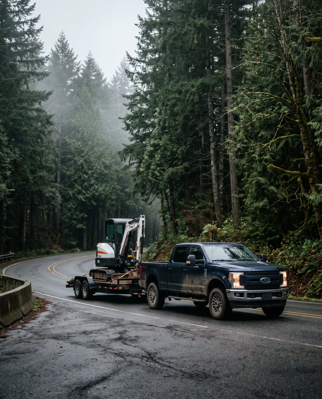 Truck towing a compact excavator on a forest road in Snohomish County