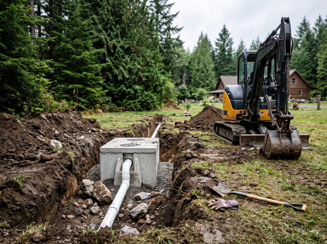 Excavated septic line repair with new PVC pipe