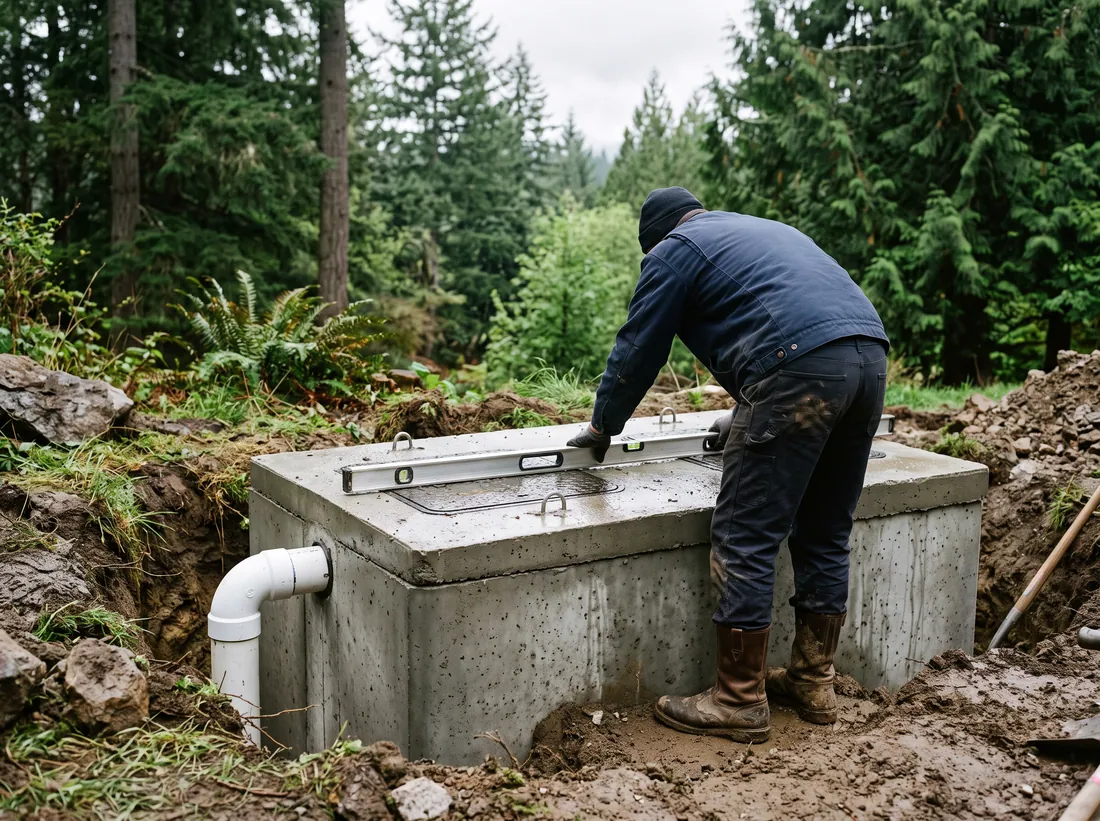 New concrete septic tank set level during an install in Snohomish County