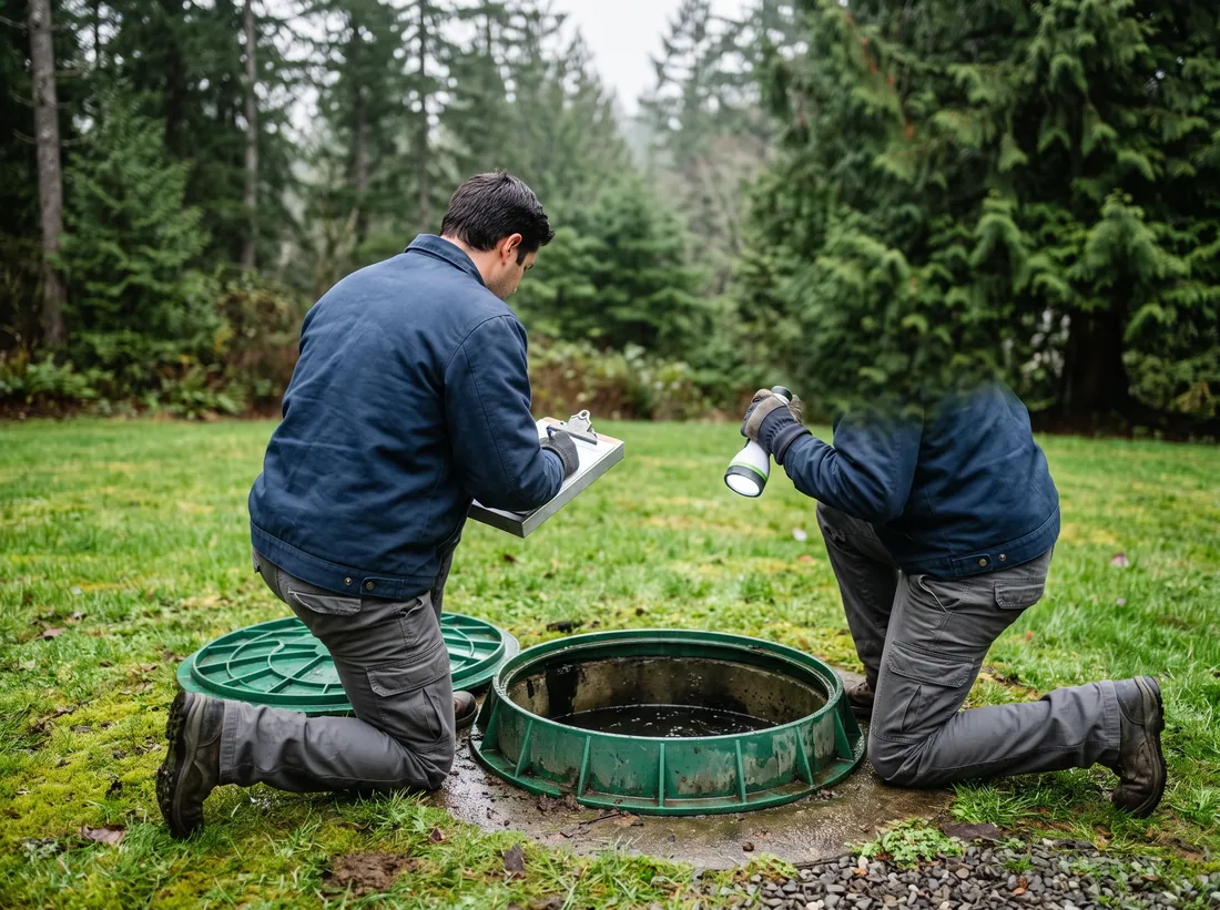 Septic technician inspecting an open tank riser
